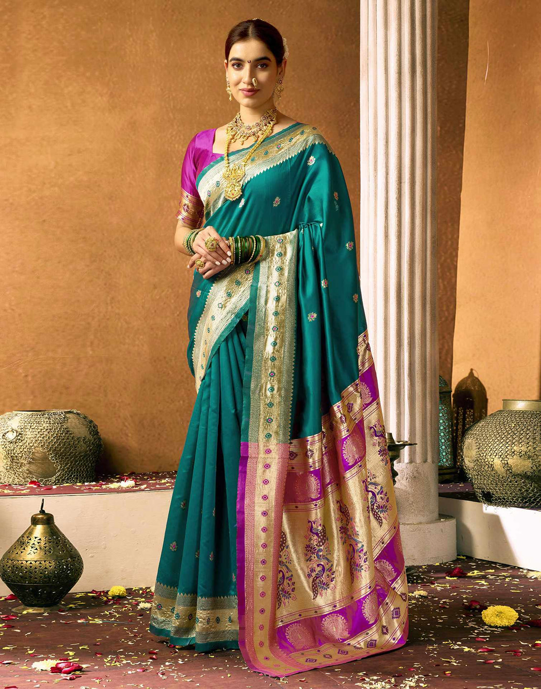 Teal Green Silk Woven Paithani Saree