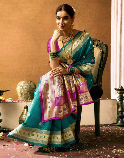 Teal Green Silk Woven Paithani Saree