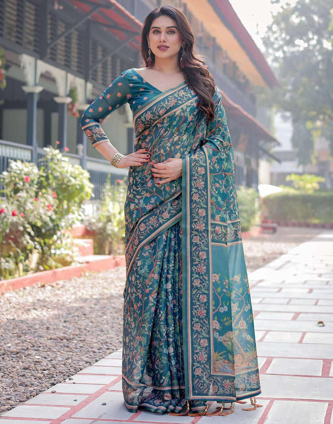 Dusty Rama Blue Linen Floral Printed Saree