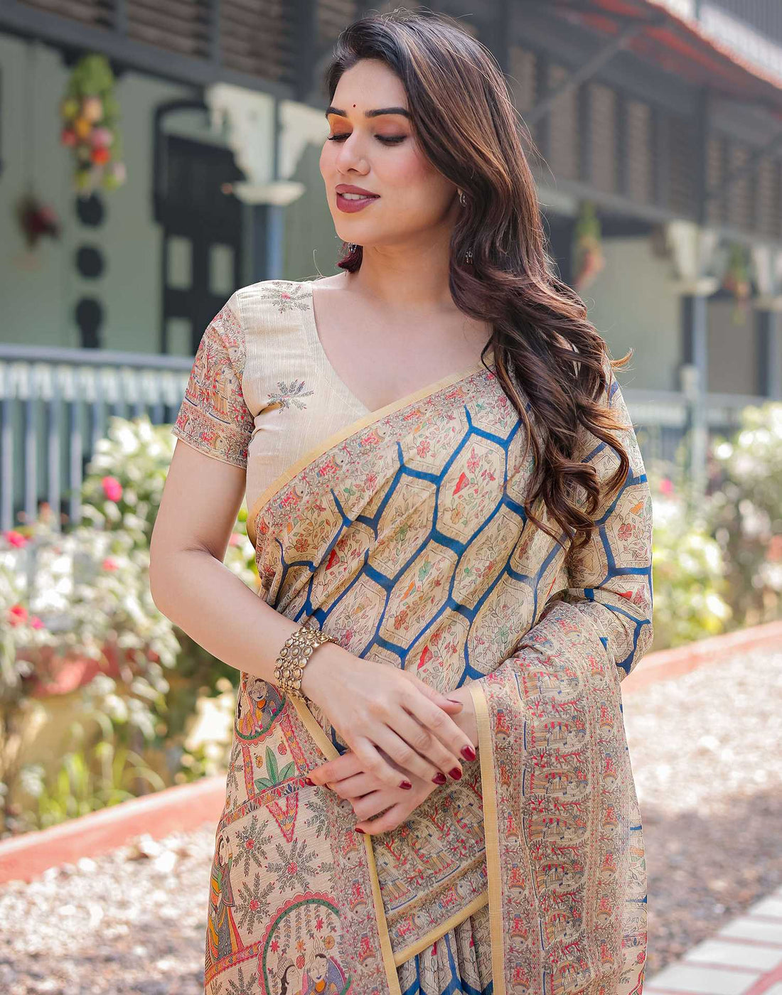 Beige Linen Printed Saree