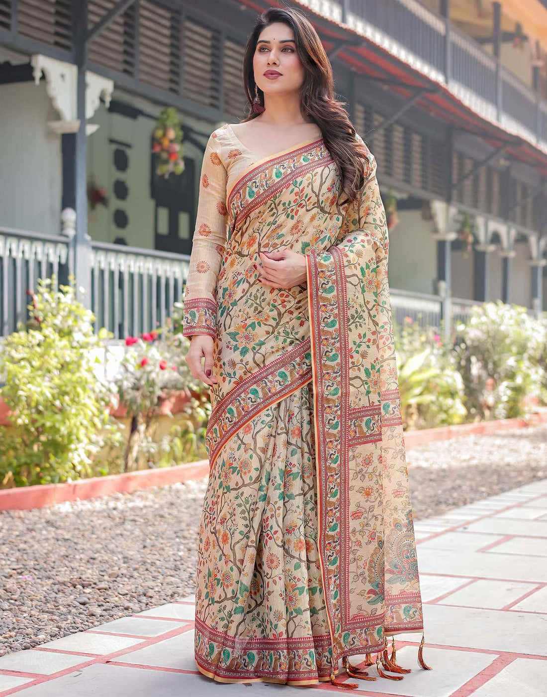 Beige Linen Floral Printed Saree