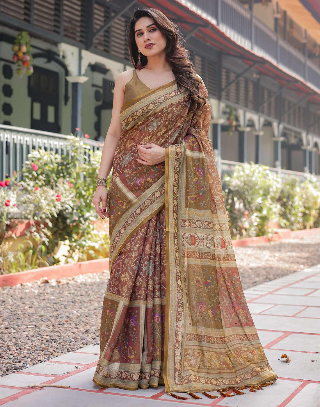Chestnut Brown Linen Floral Printed Saree