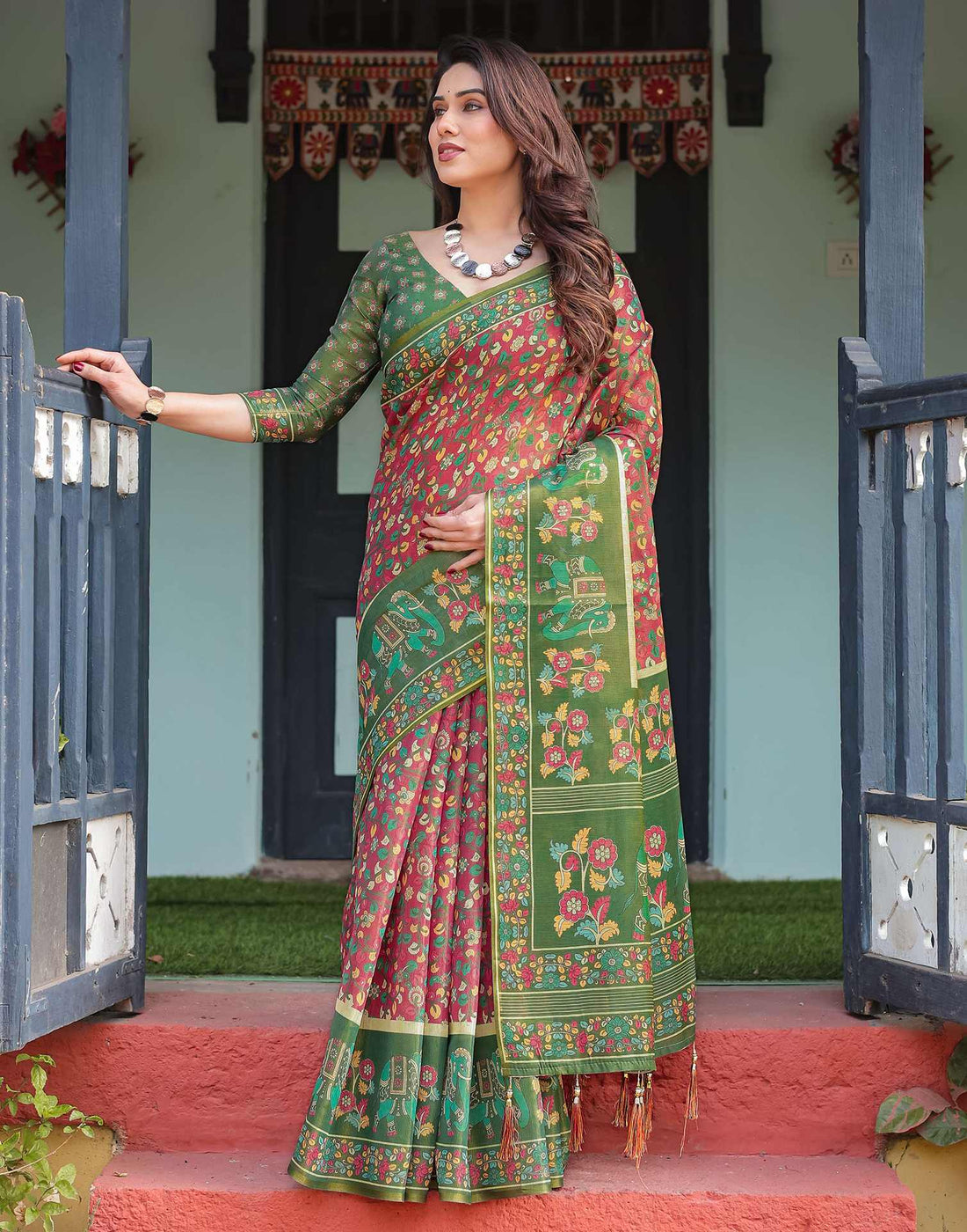 Rani Pink Linen Kalamkari Saree