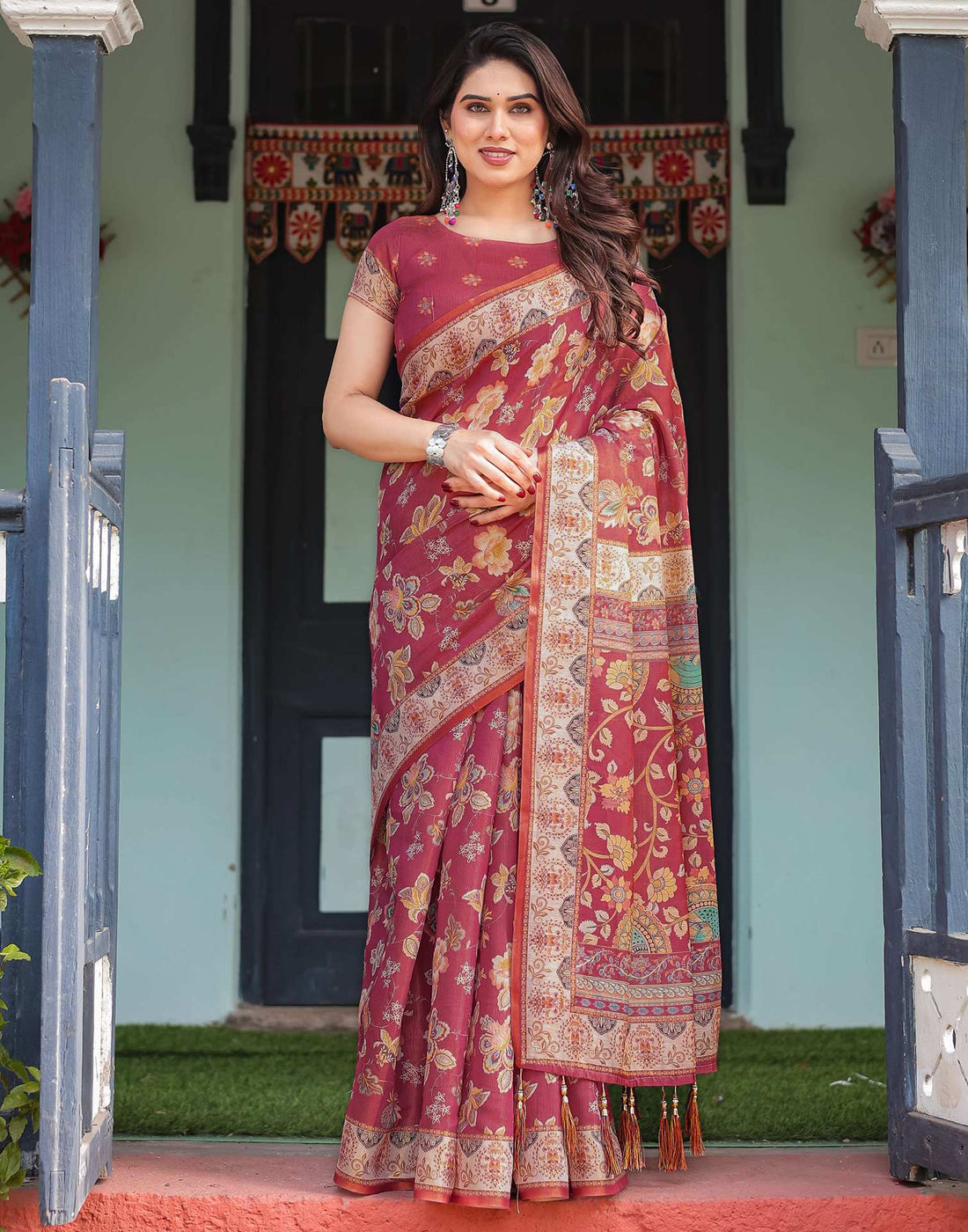 Rani Pink Linen Floral Printed Saree