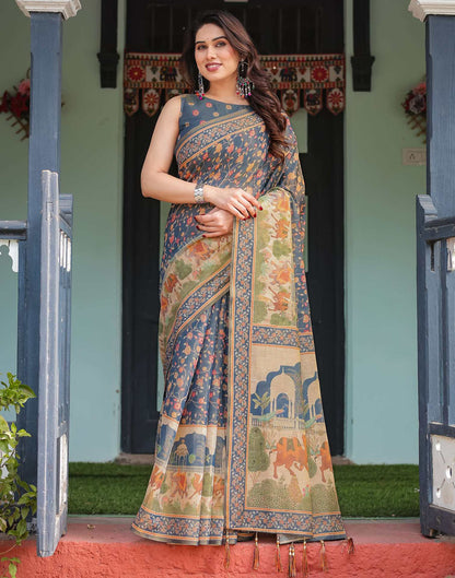 Dark Dusty Blue Linen Floral Printed Printed Saree