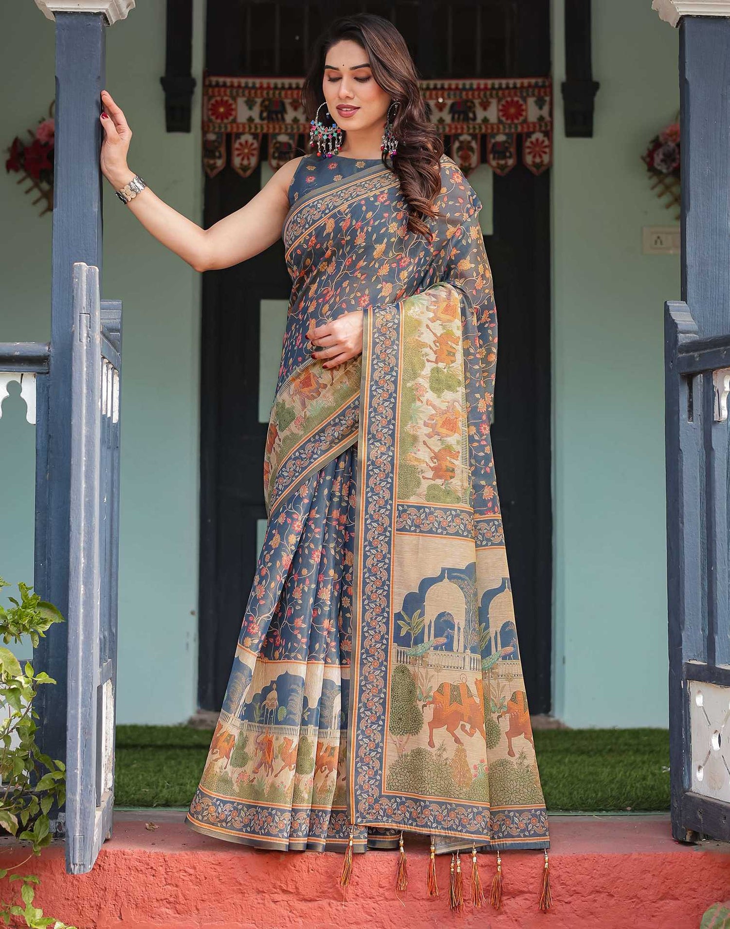 Dark Dusty Blue Linen Floral Printed Printed Saree