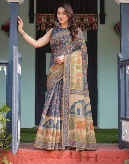 Dark Dusty Blue Linen Floral Printed Printed Saree