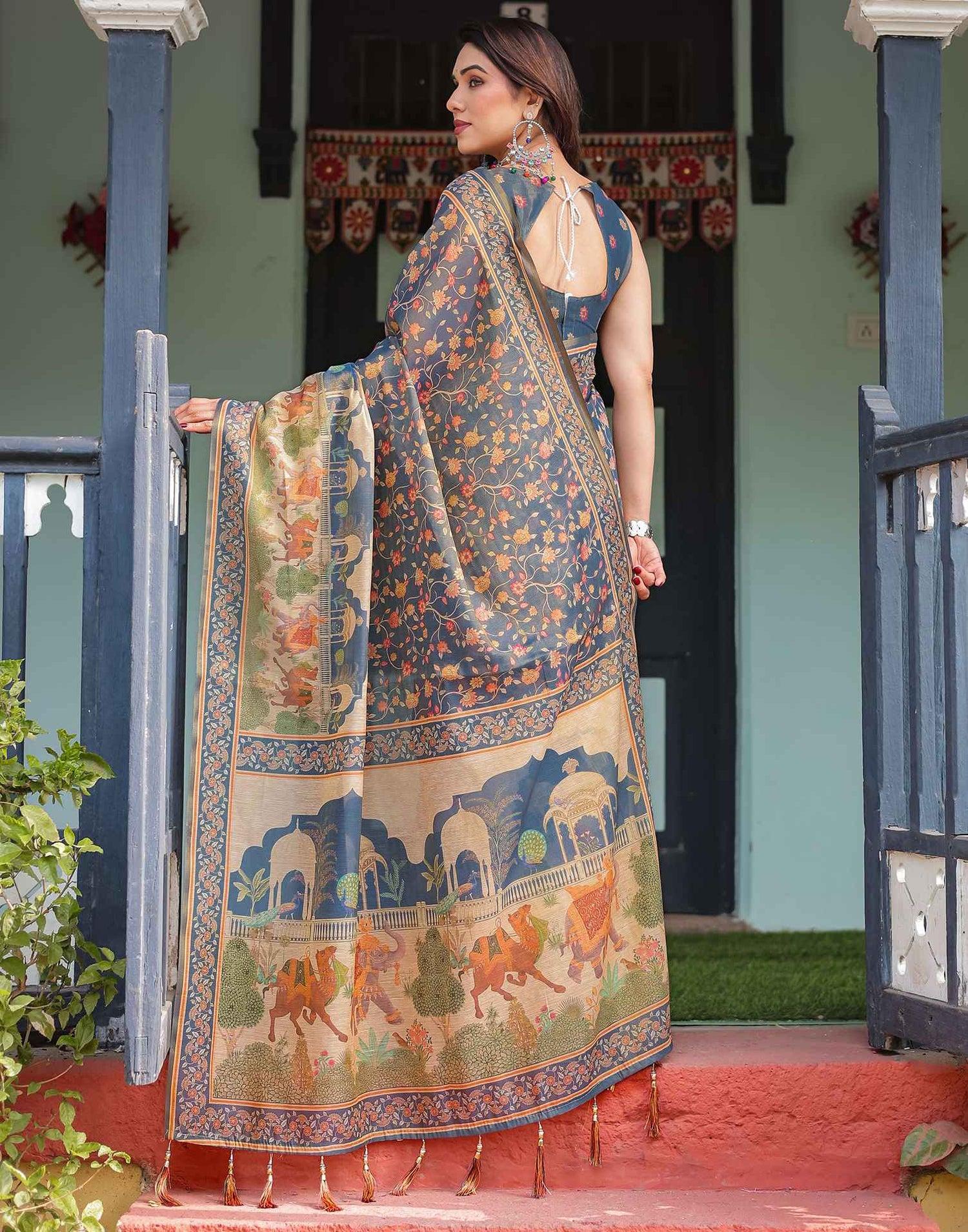 Dark Dusty Blue Linen Floral Printed Printed Saree