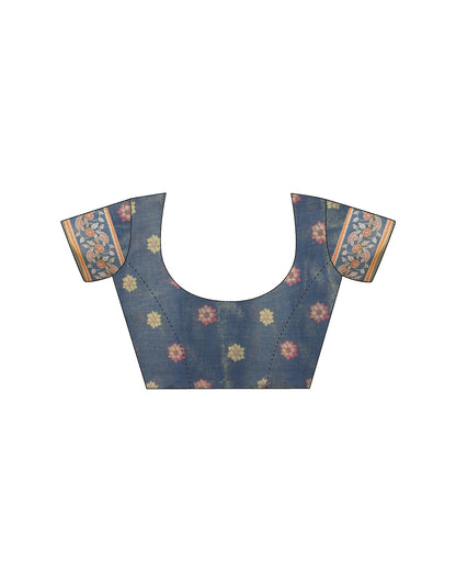 Dark Dusty Blue Linen Floral Printed Printed Saree