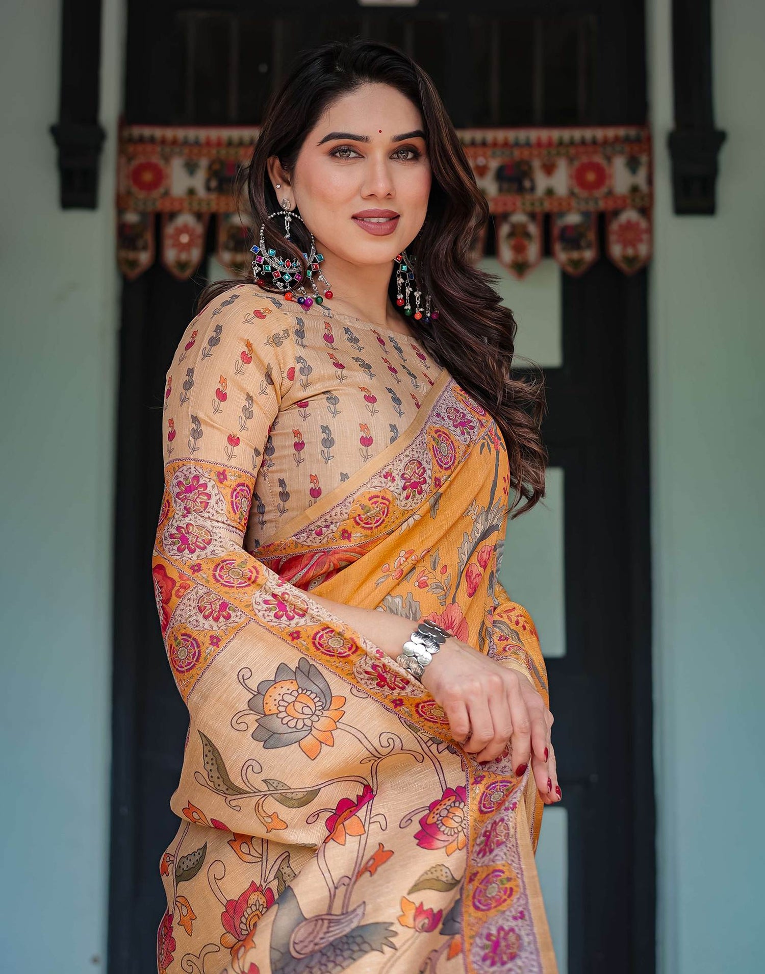 Dusty Orange Linen Floral Printed Printed Saree