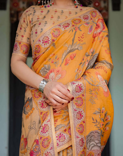 Dusty Orange Linen Floral Printed Printed Saree