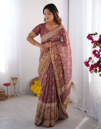 Dark Mauve Linen Floral Printed Saree