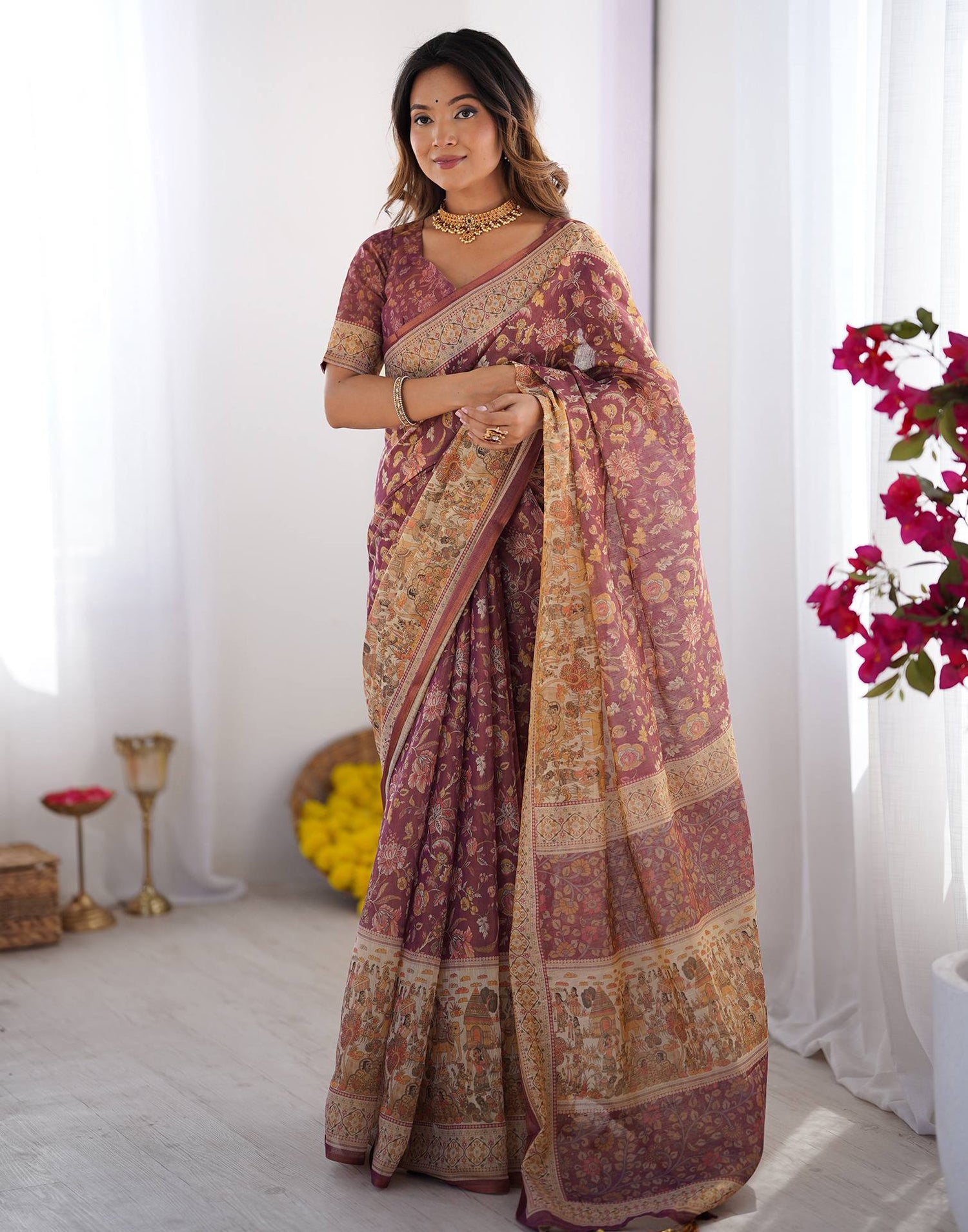 Dark Mauve Linen Floral Printed Saree