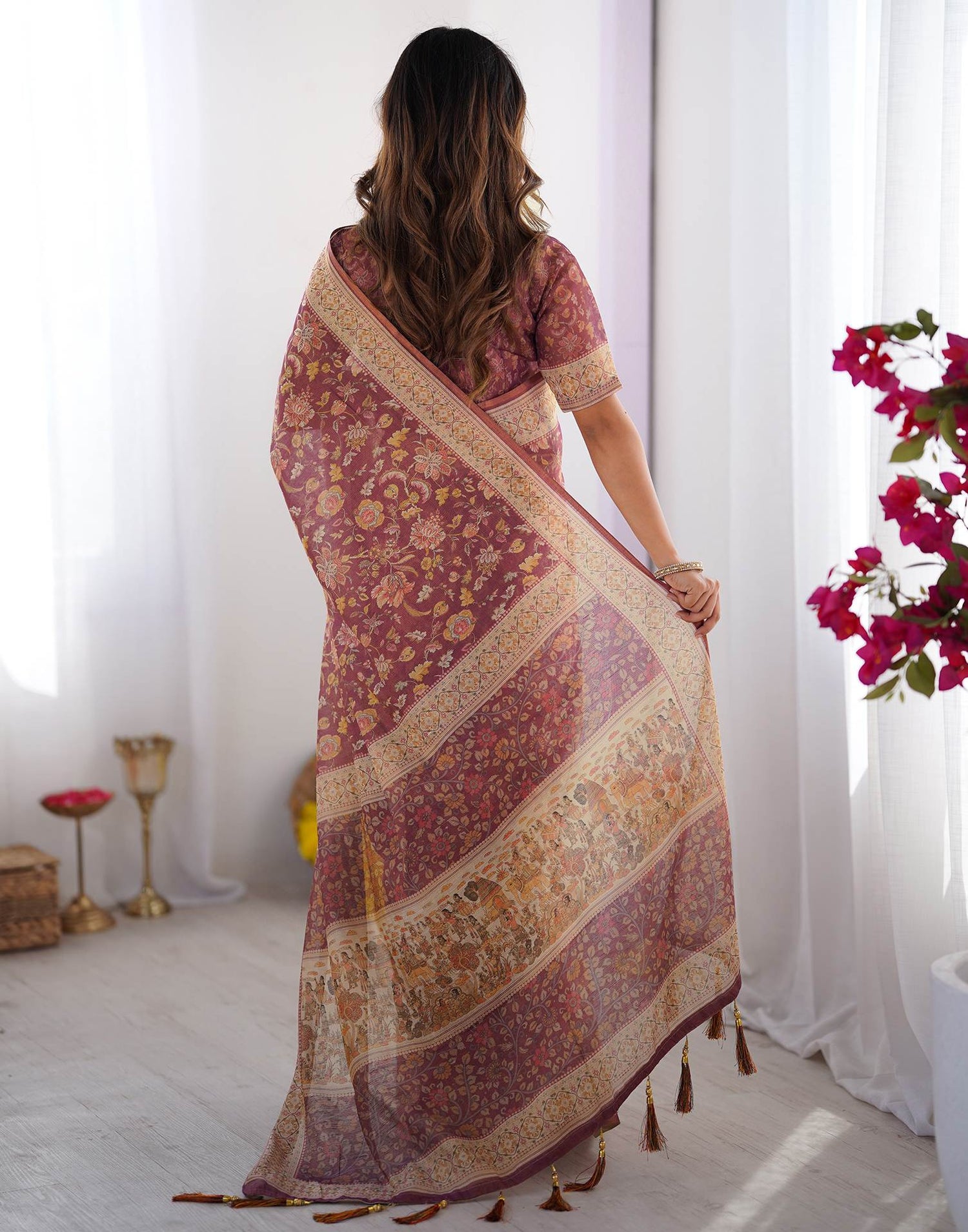 Dark Mauve Linen Floral Printed Saree