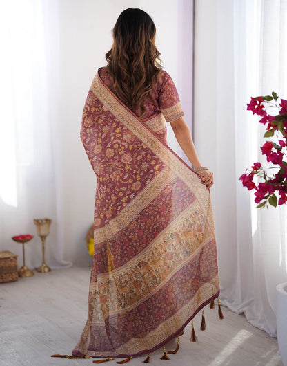 Dark Mauve Linen Floral Printed Saree