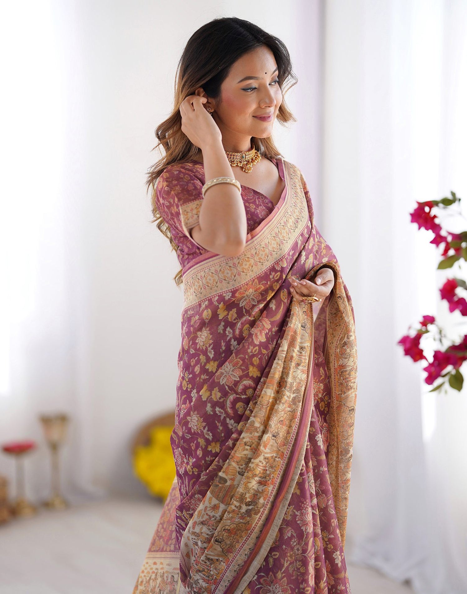 Dark Mauve Linen Floral Printed Saree