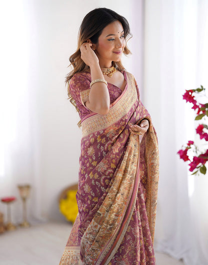 Dark Mauve Linen Floral Printed Saree