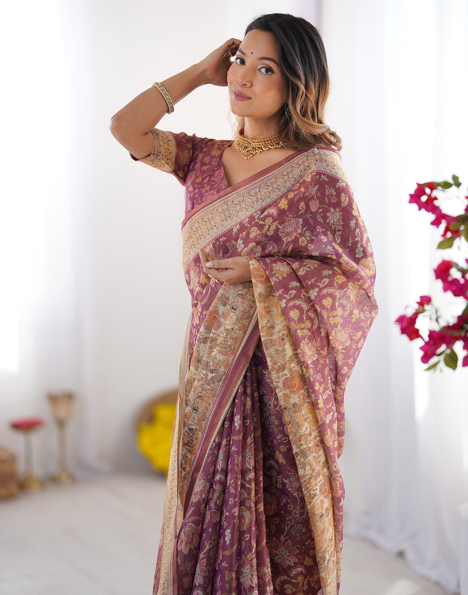 Dark Mauve Linen Floral Printed Saree