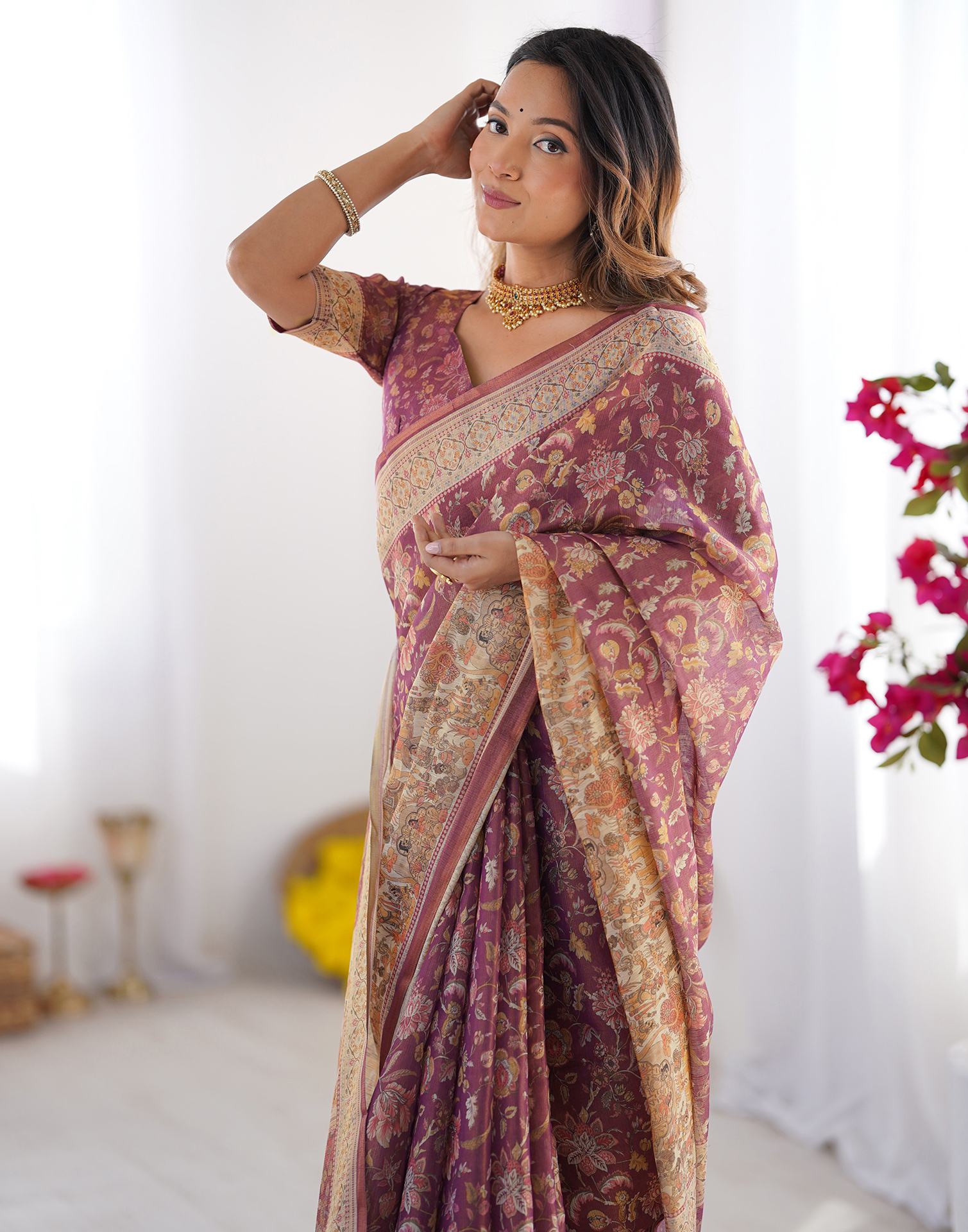 Dark Mauve Linen Floral Printed Saree