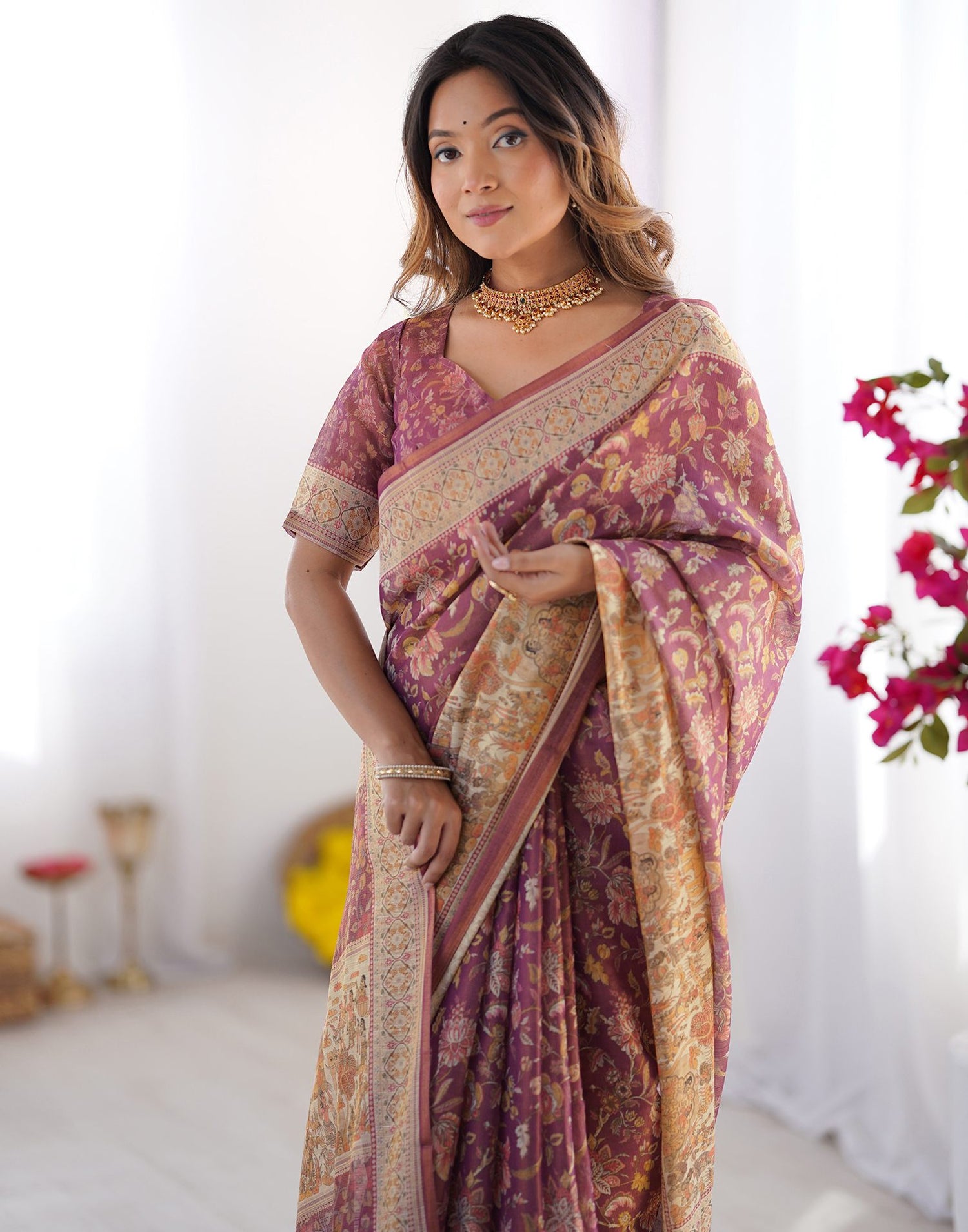 Dark Mauve Linen Floral Printed Saree