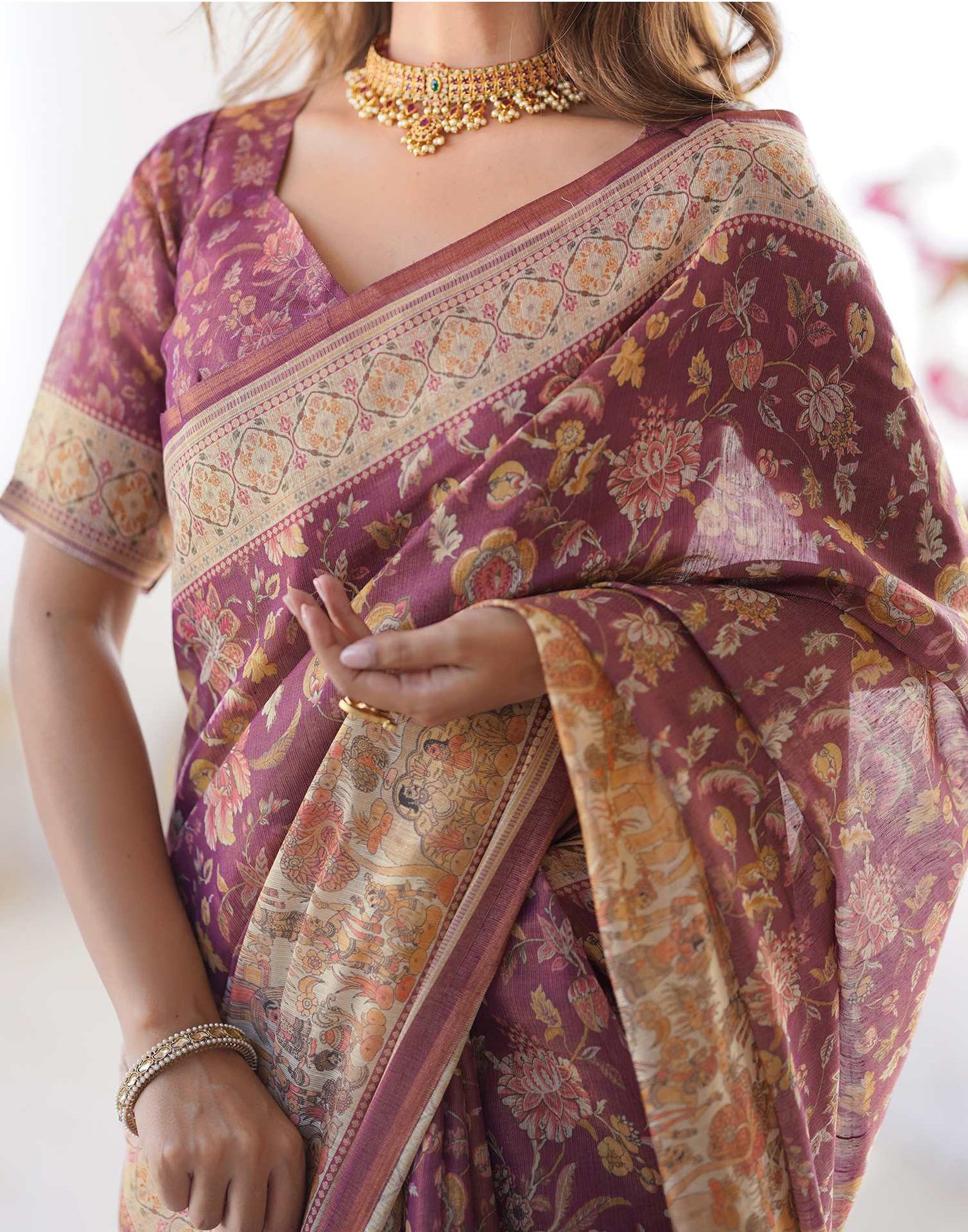 Dark Mauve Linen Floral Printed Saree