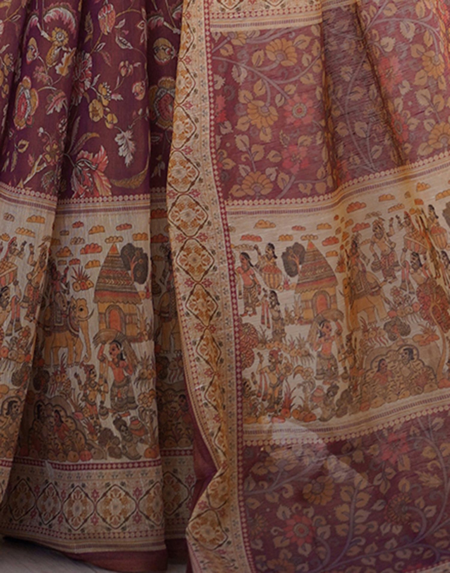 Dark Mauve Linen Floral Printed Saree