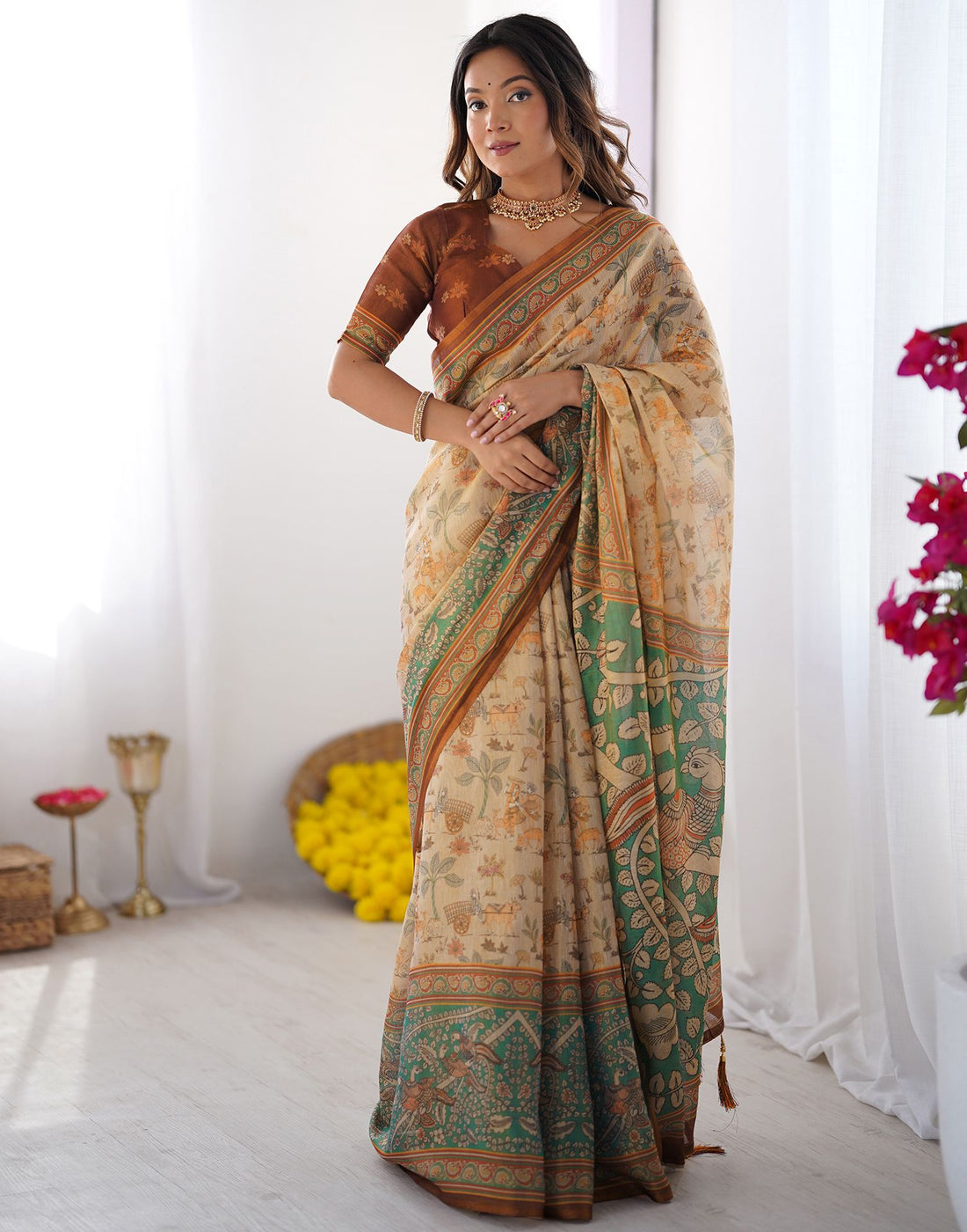 Beige Linen Kalamkari Saree