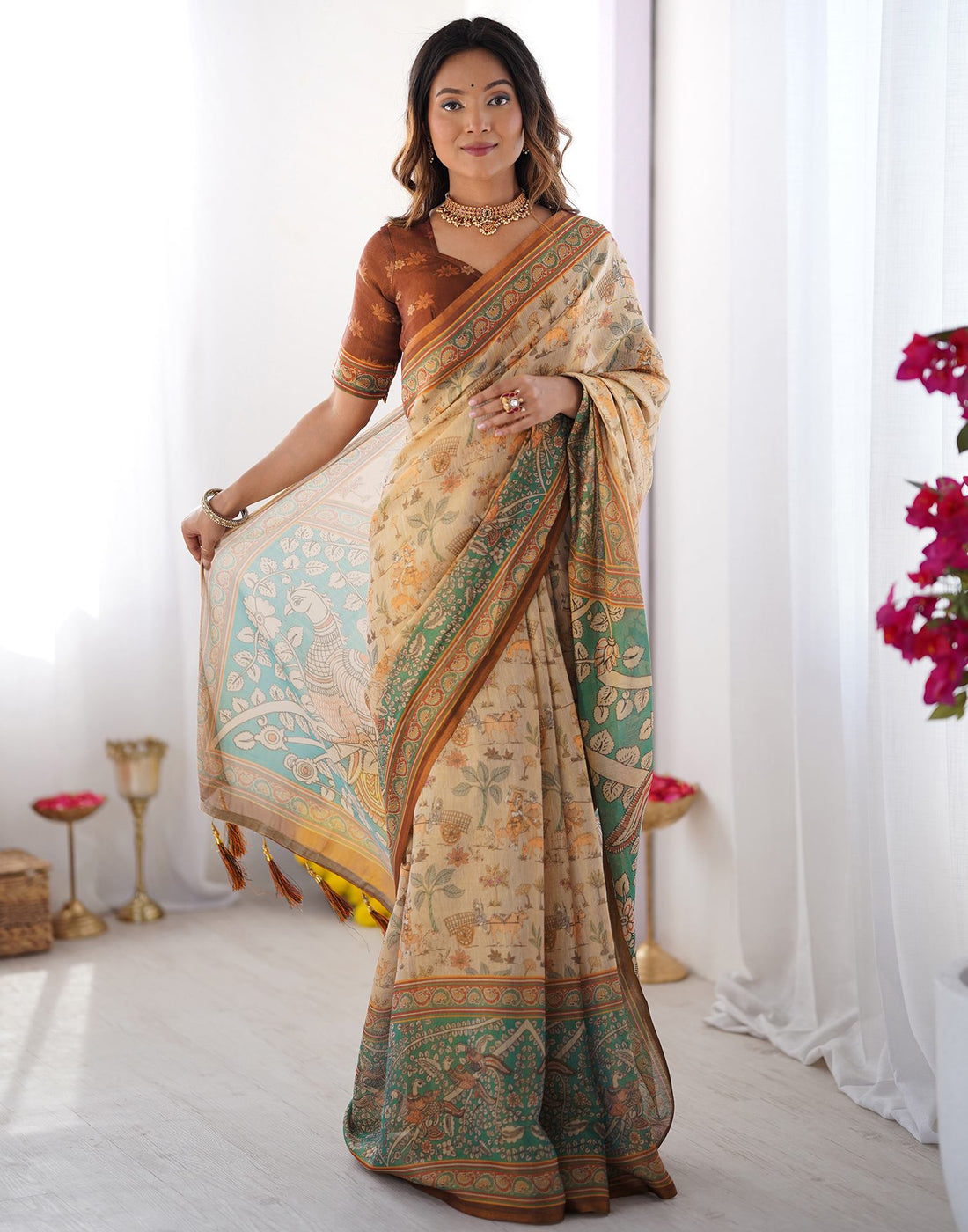 Beige Linen Kalamkari Saree