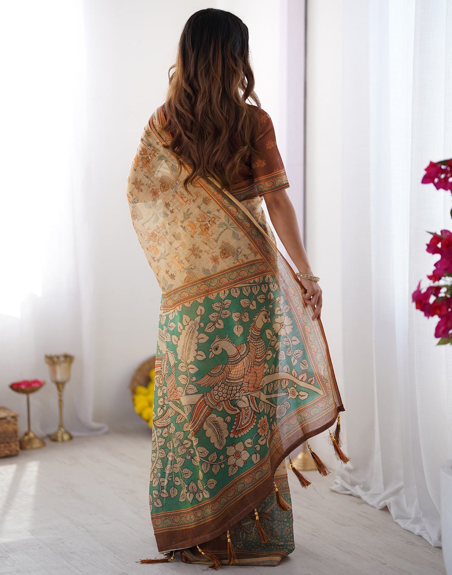 Beige Linen Kalamkari Saree