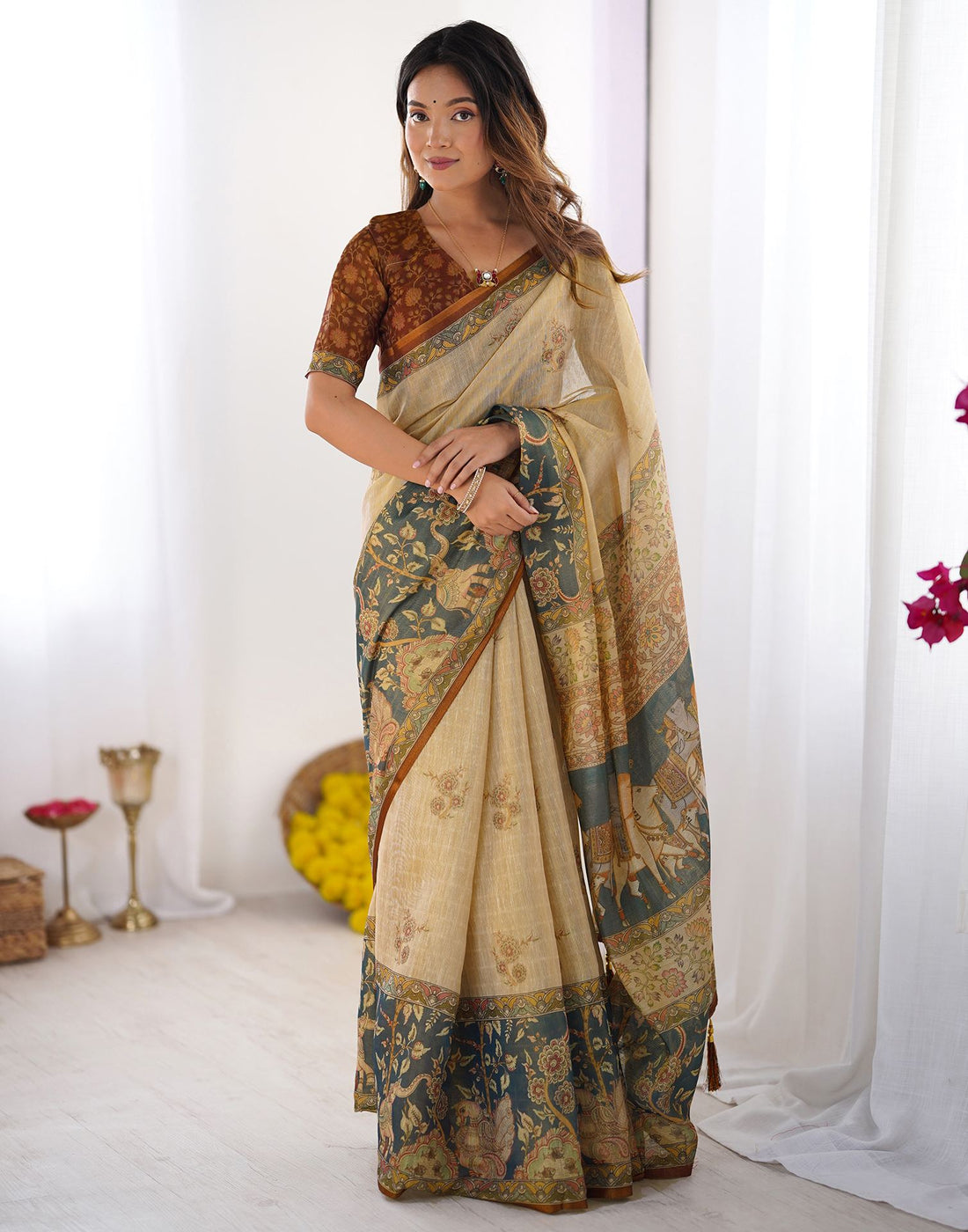 Beige Linen Printed Saree