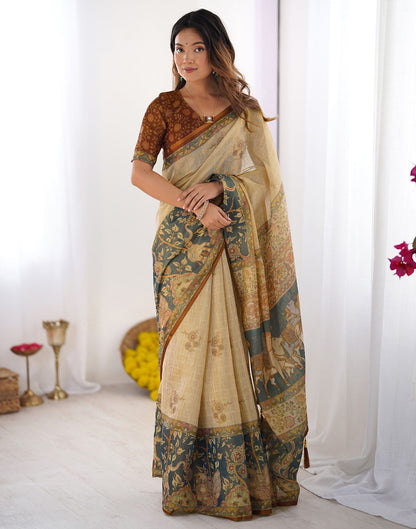 Beige Linen Printed Saree