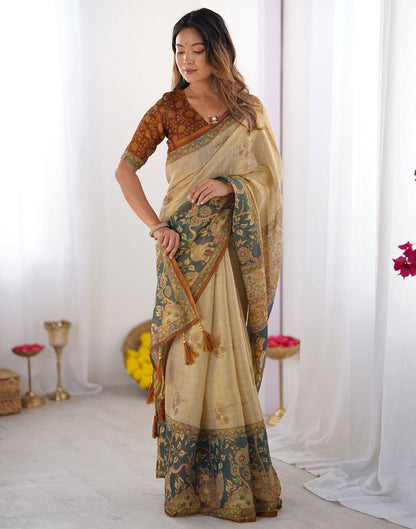 Beige Linen Printed Saree