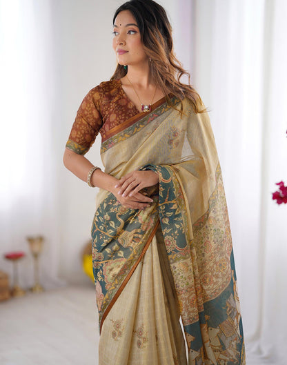 Beige Linen Printed Saree