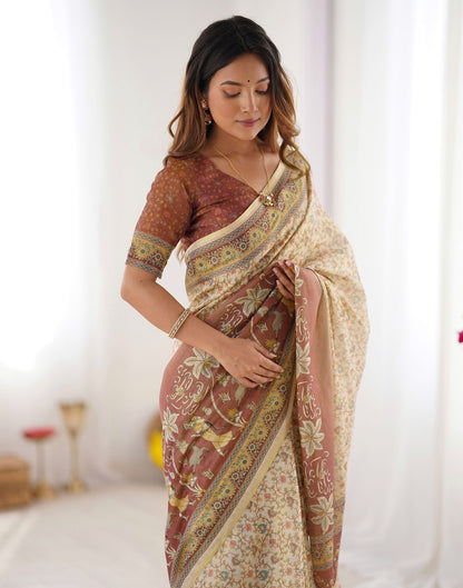 Beige Linen Floral Printed Saree