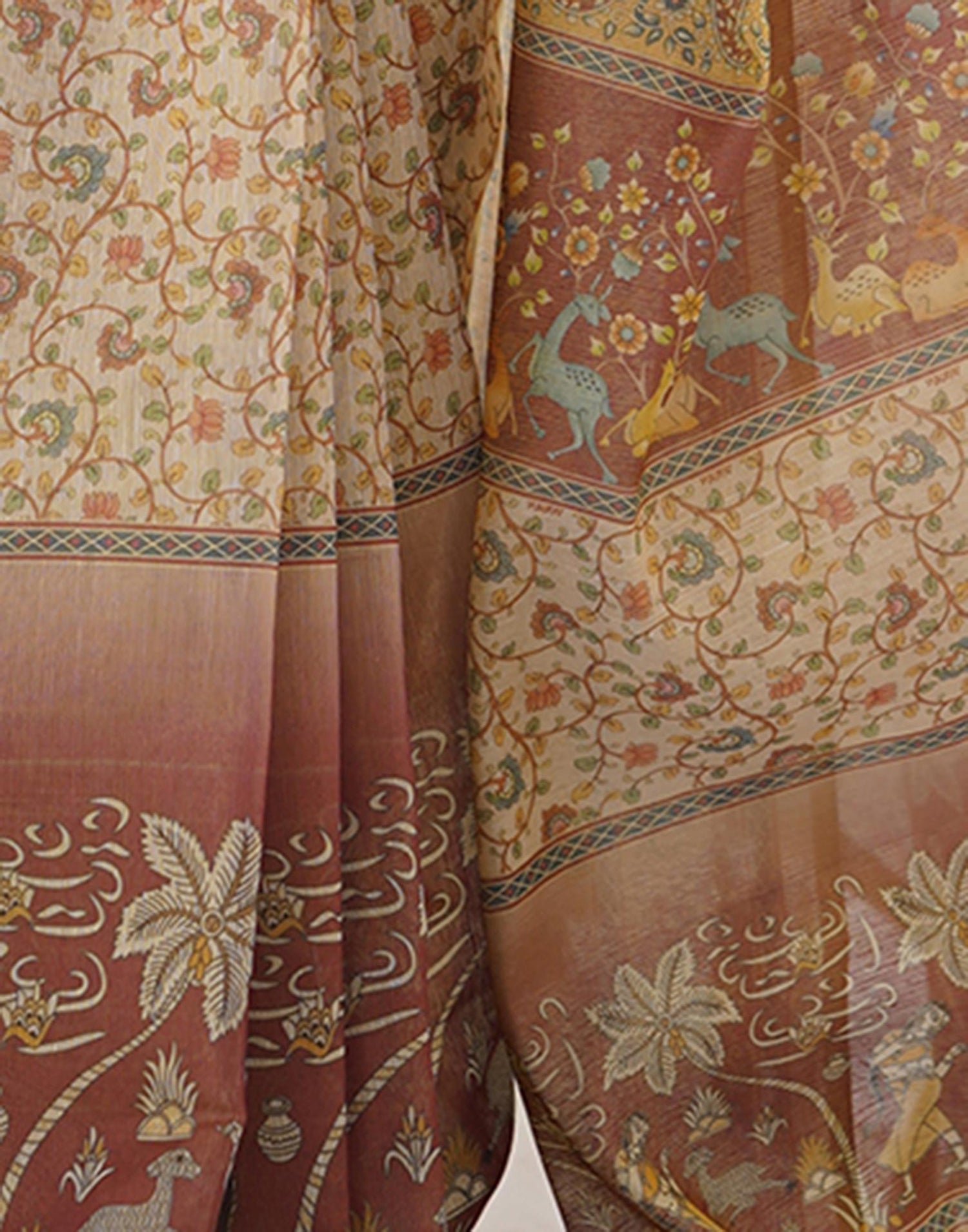 Beige Linen Floral Printed Saree