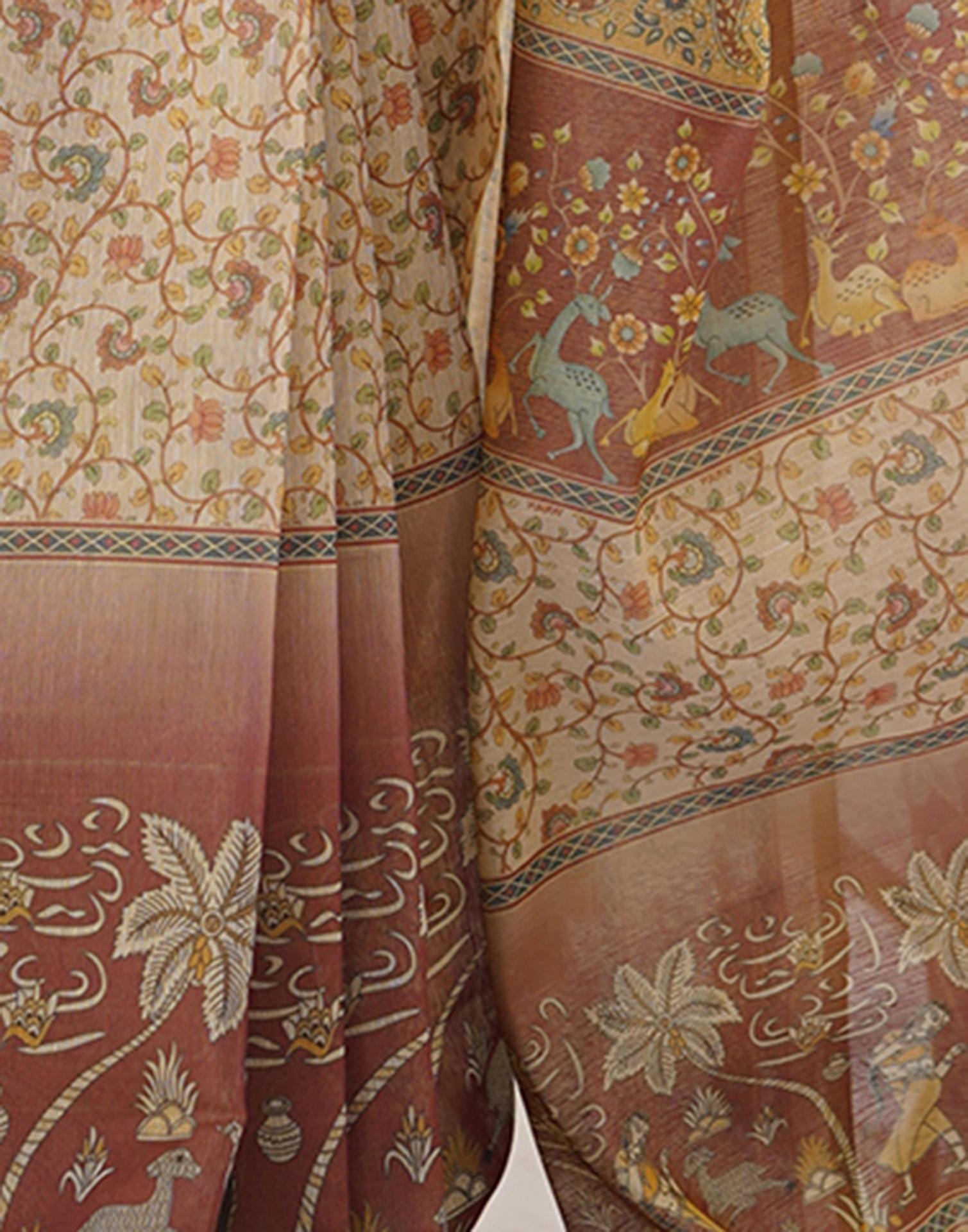 Beige Linen Floral Printed Saree
