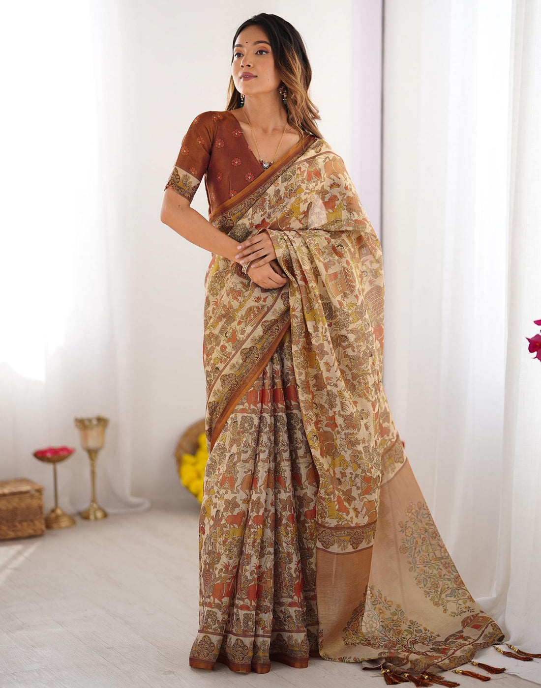 Brown Linen Kalamkari Saree