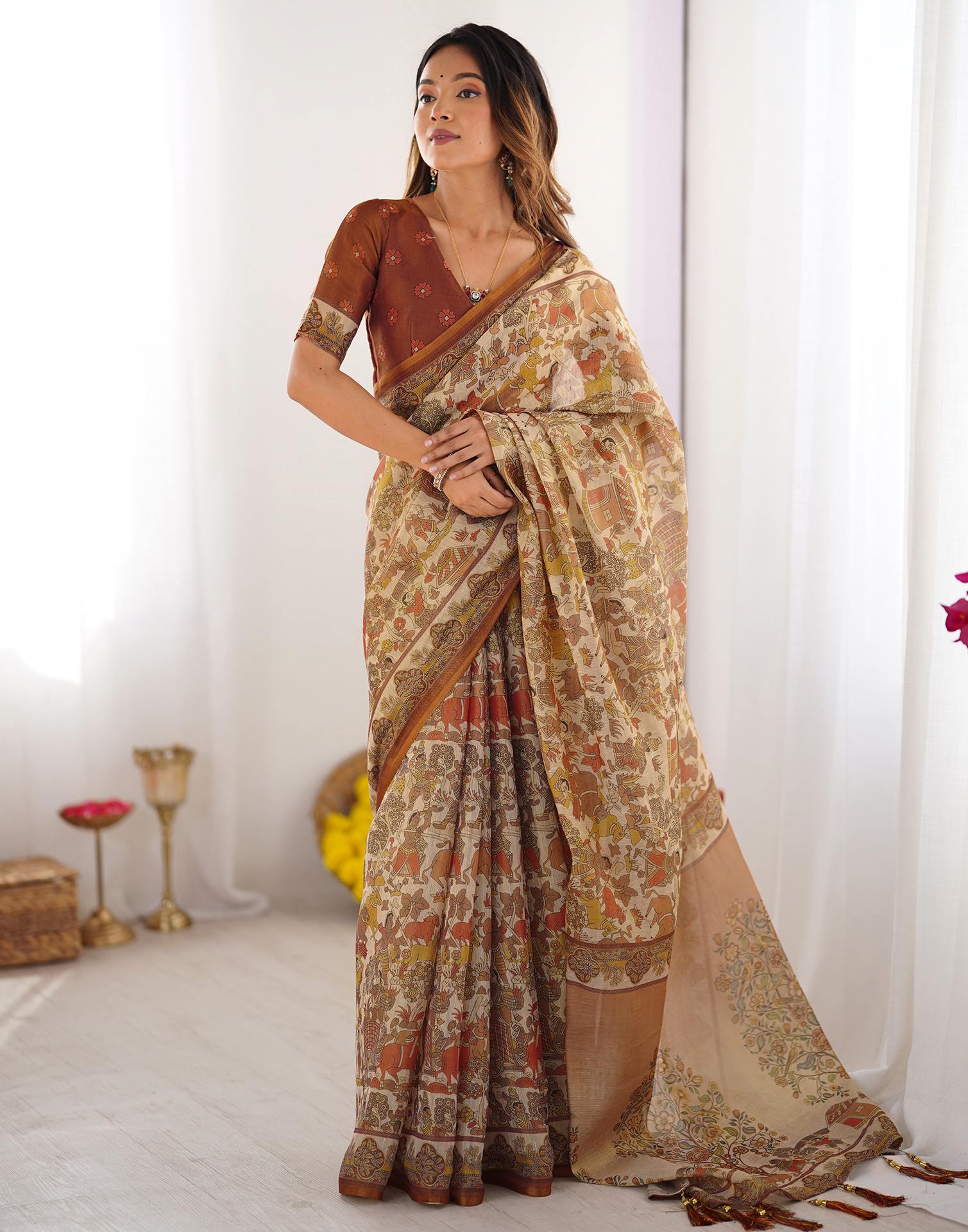 Brown Linen Kalamkari Saree