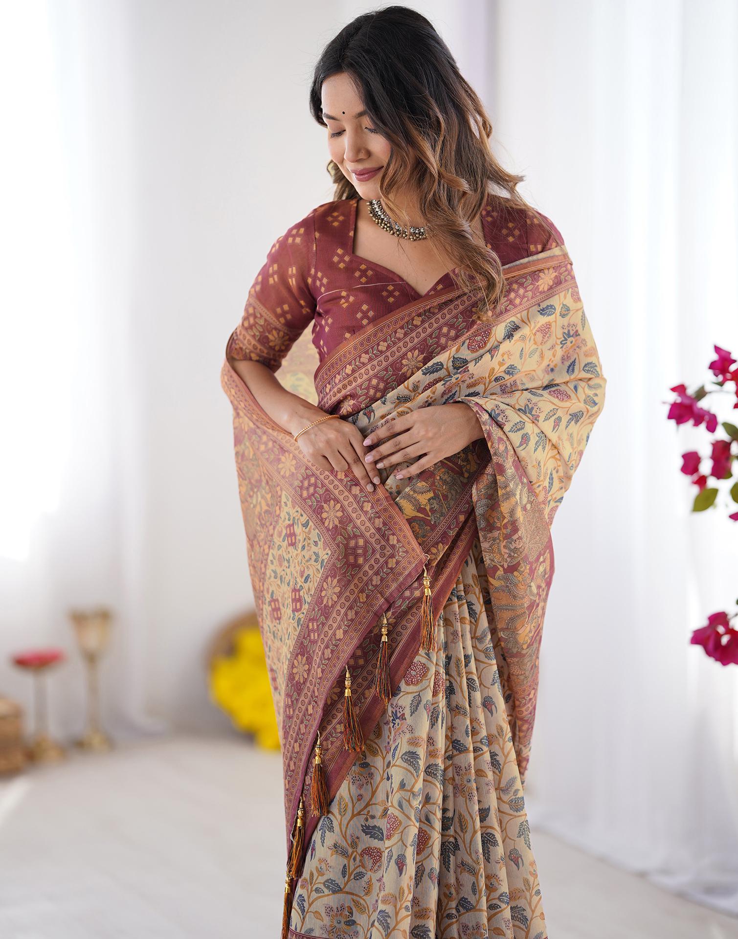 Beige Linen Floral Printed Saree