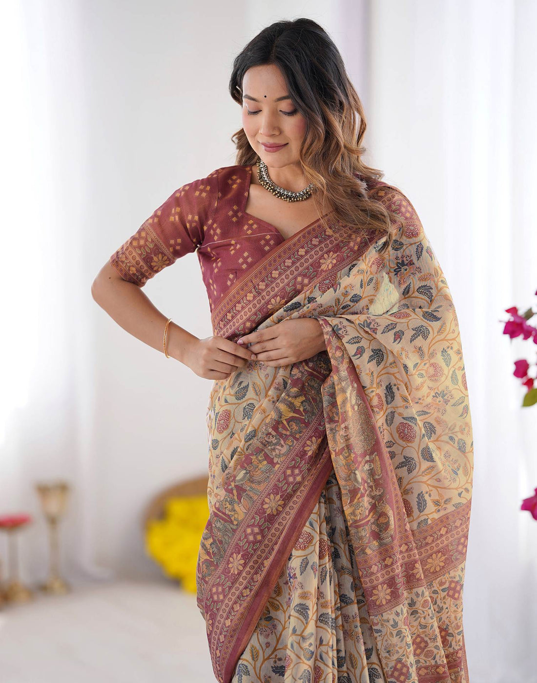 Beige Linen Floral Printed Saree