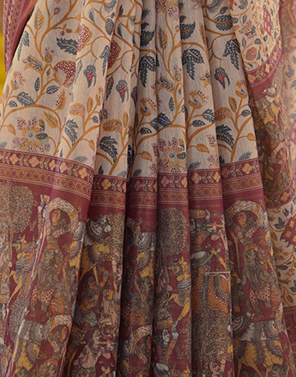 Beige Linen Floral Printed Saree