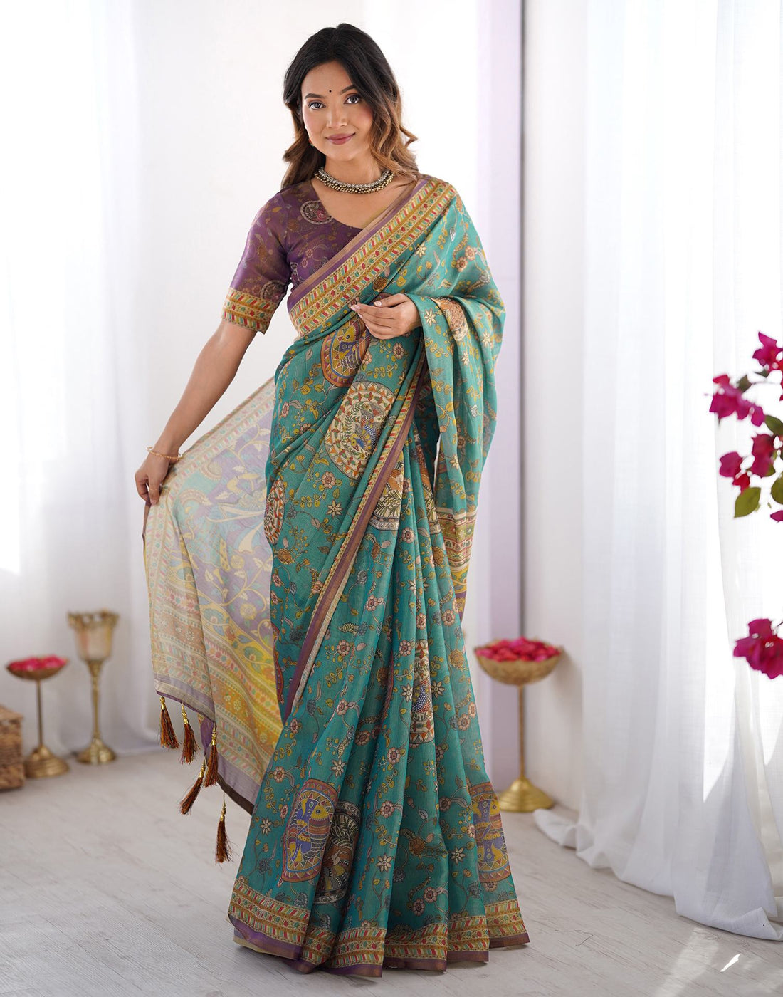Teal Blue Linen Kalamkari Printed Saree
