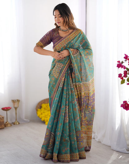 Teal Blue Linen Kalamkari Printed Saree
