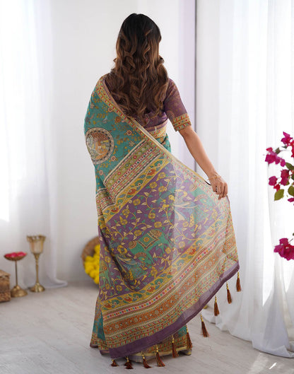 Teal Blue Linen Kalamkari Printed Saree