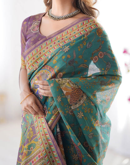 Teal Blue Linen Kalamkari Printed Saree