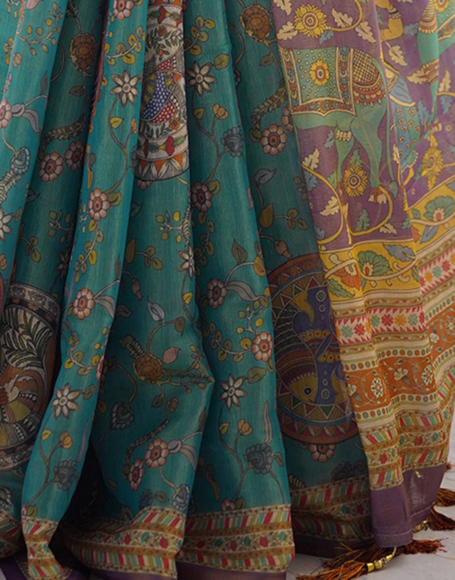 Teal Blue Linen Kalamkari Printed Saree