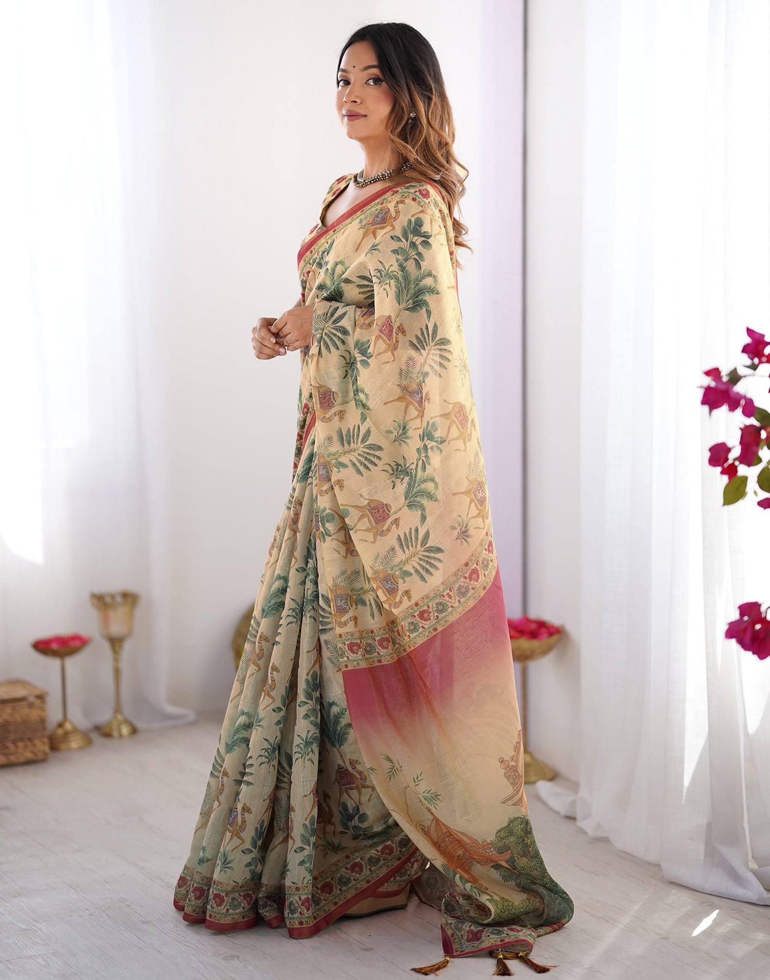 Beige Linen Printed Saree