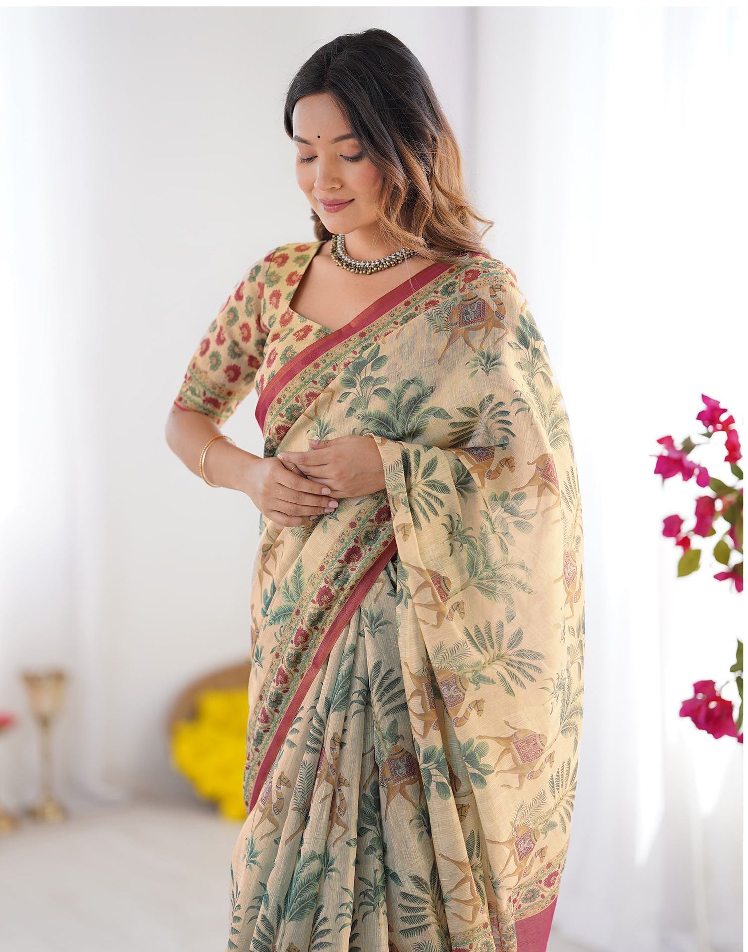 Beige Linen Printed Saree