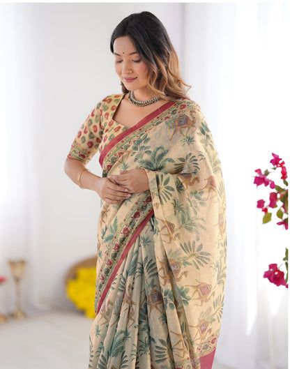 Beige Linen Printed Saree