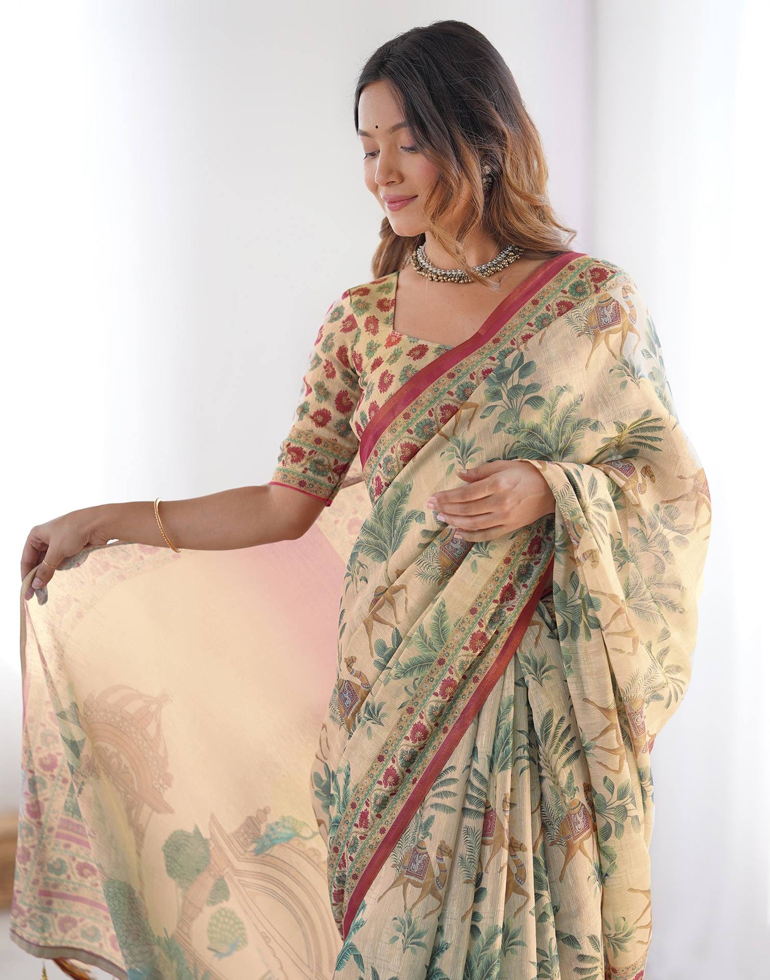 Beige Linen Printed Saree